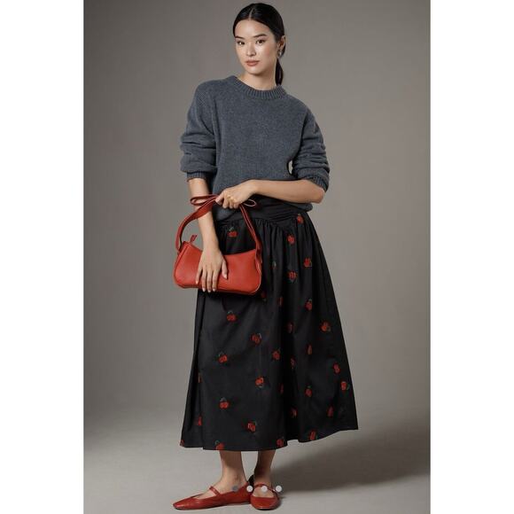 NWT Anthropologie Avec Les Filles Cherry Sequin Full Midi Skirt Black M - Picture 2 of 4